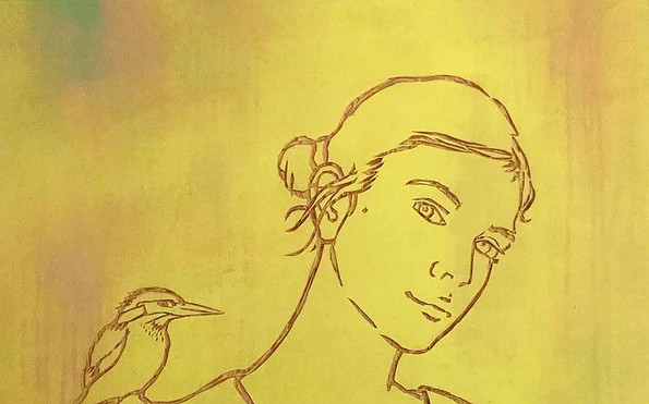 Girl with Kingfisher, 2020. Acryl auf Sperrholzschnitt, 73 x 70 cm, Foto: Silke Schmidt