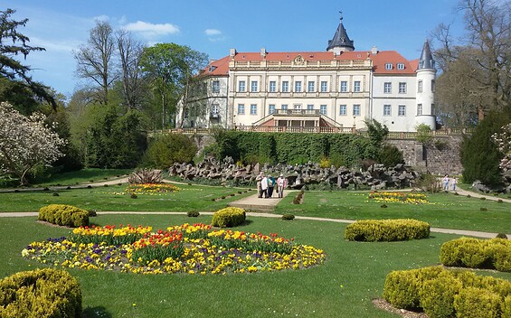 Frühjahrsflor im Blick zum Schloss Wiesenburg, Foto: Kathrin Rospek