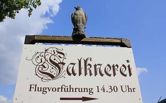 Hinweisschild zur Falknerei an der Burg Rabenstein, Foto: Bansen/Wittig