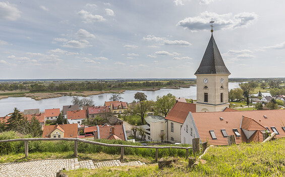 View of the church and the Oder from the castle hill in Lebus, Foto: Steffen Lehmann, Lizenz: TMB-Fotoarchiv