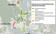 Wärmekarte des Radweges (rot = sehr warm, dunkelgrün = sehr kühl), Foto:  OpenStreetMap, Lizenz:  OpenStreetMap