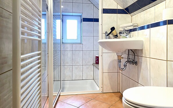 Bad mit Dusche, Waschbecken und WC, Foto: Ulrike Haselbauer