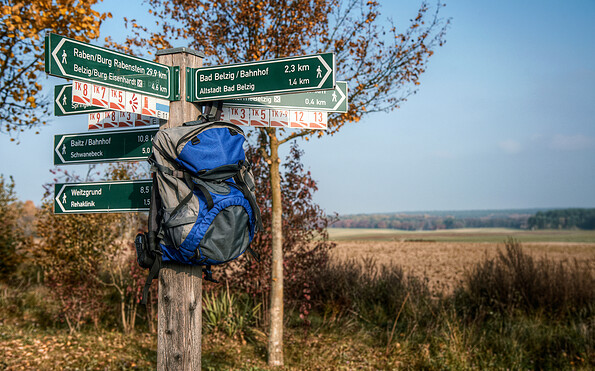 Wanderwegweiser zeigen, wo es lang geht, Foto: Jürgen Rocholl/FACE, Lizenz: Naturparkverein Hoher Fläming e.V.
