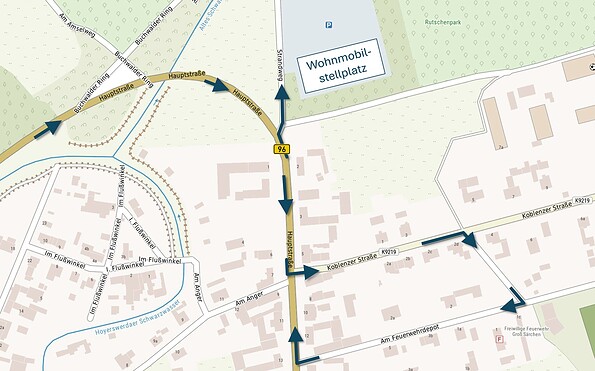 Hinweis zur Anfahrt aus westlicher Richtung, Foto: Kartengrundlage BKG (2026) dl-de/by-2-0, Lizenz: BKG (2026) dl-de/by-2-0