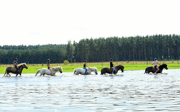 Ausritt durchs Wasser, Foto: Hans Sachs, Lizenz: Reiter- &amp; Erlebnisbauernhof Groß Briesen
