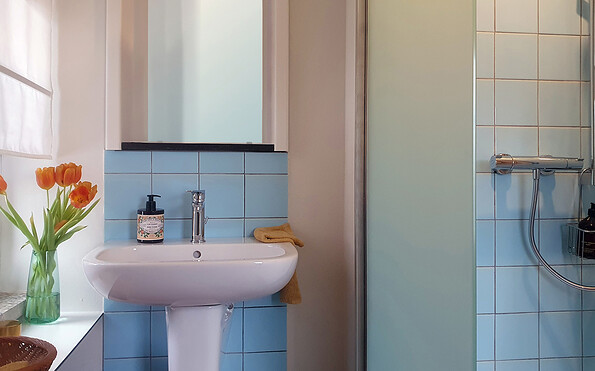 Badezimmer der Datsche am Haussee Wolfshagen, Foto: Beike