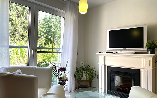 TV und Elektrokamin im Schlafzimmer, Foto: Ulrike Haselbauer, Lizenz: Tourismusverband Lausitzer Seenland e.V.