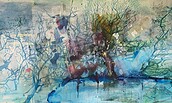 Am Teich im Winter - Tusche, Acryl auf Japanpapier u. Lw / 110 x 180 cm / 2022, Foto: Inge H. Schmidt, Lizenz: Inge H. Schmidt