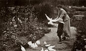 Ernst Foersters Ehefrau Ilse geb. Harmsen und Sohn Ernst Wilhelm mit weißen Pfautauben im Senkgarten, Bornim b. Potsdam, ca. 1918, Foto: Ernst Foerster, Lizenz: ©Privatbesitz