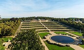 Park Sanssouci, Blick über die Fontäne und die Terrassen auf das Schloss, Foto: Reinhardt & Sommer, Lizenz: SPSG