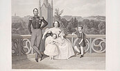 C. A. Schwerdgeburth nach Theodor Hosemann: Prinz Wilhelm und Augusta mit ihren Kindern auf der Terrasse vor Schloss Babelsberg, Stahlstich, Foto: Daniel Lindner, Lizenz: SPSG