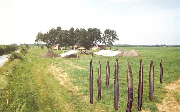 Foto der Ausgrabungen in Friesack und typische steinzeitliche Knochenspitzen, die dort in großer Zahl gefunden wurden , Foto: Collage A. Kotula, Lizenz: BLDAM