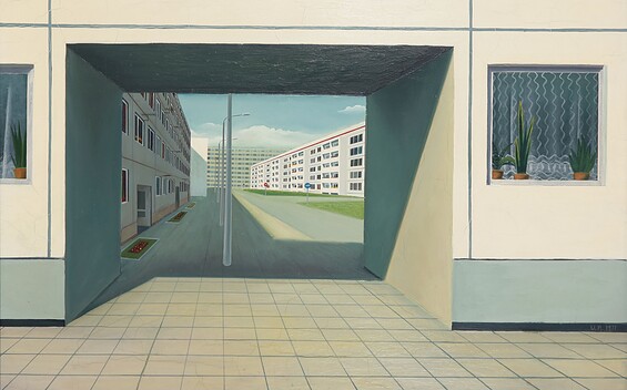 Uwe Pfeifer, Durchgang in Halle-Neustadt, 1971. Brandenburgisches Landesmuseum für moderne Kunst, © VG Bild-Kunst, Bonn 2025, Foto: Thomas Kläber, Lizenz: DAS MINSK Kunsthaus in Potsdam