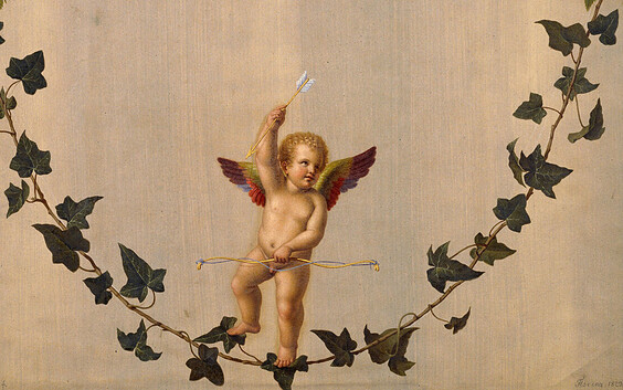 Amor auf einer zwischen Rosenbouquets hängenden Efeuranke, Foto: SPSG, Lizenz: SPSG