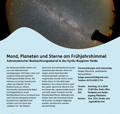 Mond, Planeten und Sterne am Frühlingshimmel: Astronomischer Beobachtungsabend in der Kyritz-Ruppiner Heide