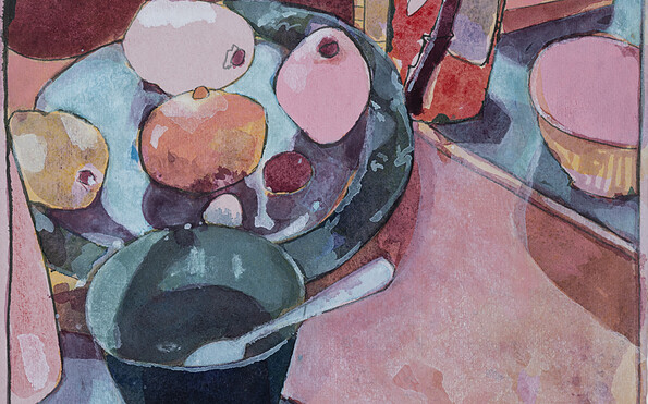 Pastellfarbenes Stillleben mit Obst und Gegenständen, Foto: Gabriele Klose, Lizenz: Kunstverein Glashütte