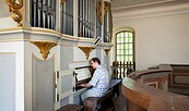 Mann spielt auf der Kirchenorgel mit großen Orgelpfeifen und goldenen Verzierungen; rechts ein hohes Fenster., Foto: Andreas Franke, Lizenz: Andreas Franke