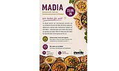 Flyer für das Madia, ein Gemeinschafts-, Café- und Familienwohnzimmer in Potsdam. Anlässlich eines gemeinsamen Kochens am 23. September 2026 zeigt der Flyer verschiedene internationale Gerichte und informiert über das Angebot, Foto: inwole