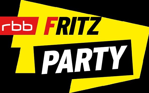 Logo mit rotem rbb-Schriftzug, schwarzem FRITZ-Schriftzug und weißem PARTY-Text auf gelben und schwarzen Flächen., Foto: Christian Huebner, Lizenz: Christian Huebner
