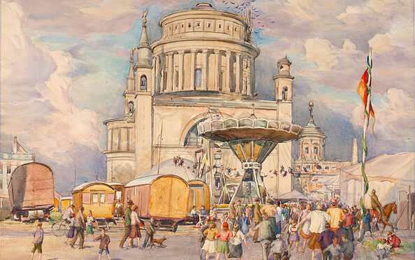 Foto: Otto Heinrich, Rummel vor der zerstörten Nikolaikirche, 1951 © Michael Lüder